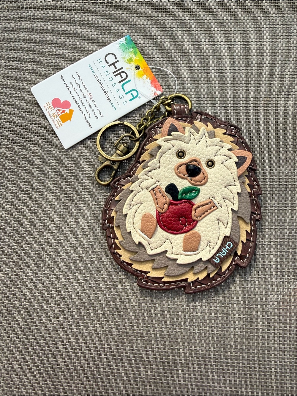 Chala Cream Tan Brown Hedgehog with Red Apple Vegan Leather Coin Pouch Keychain